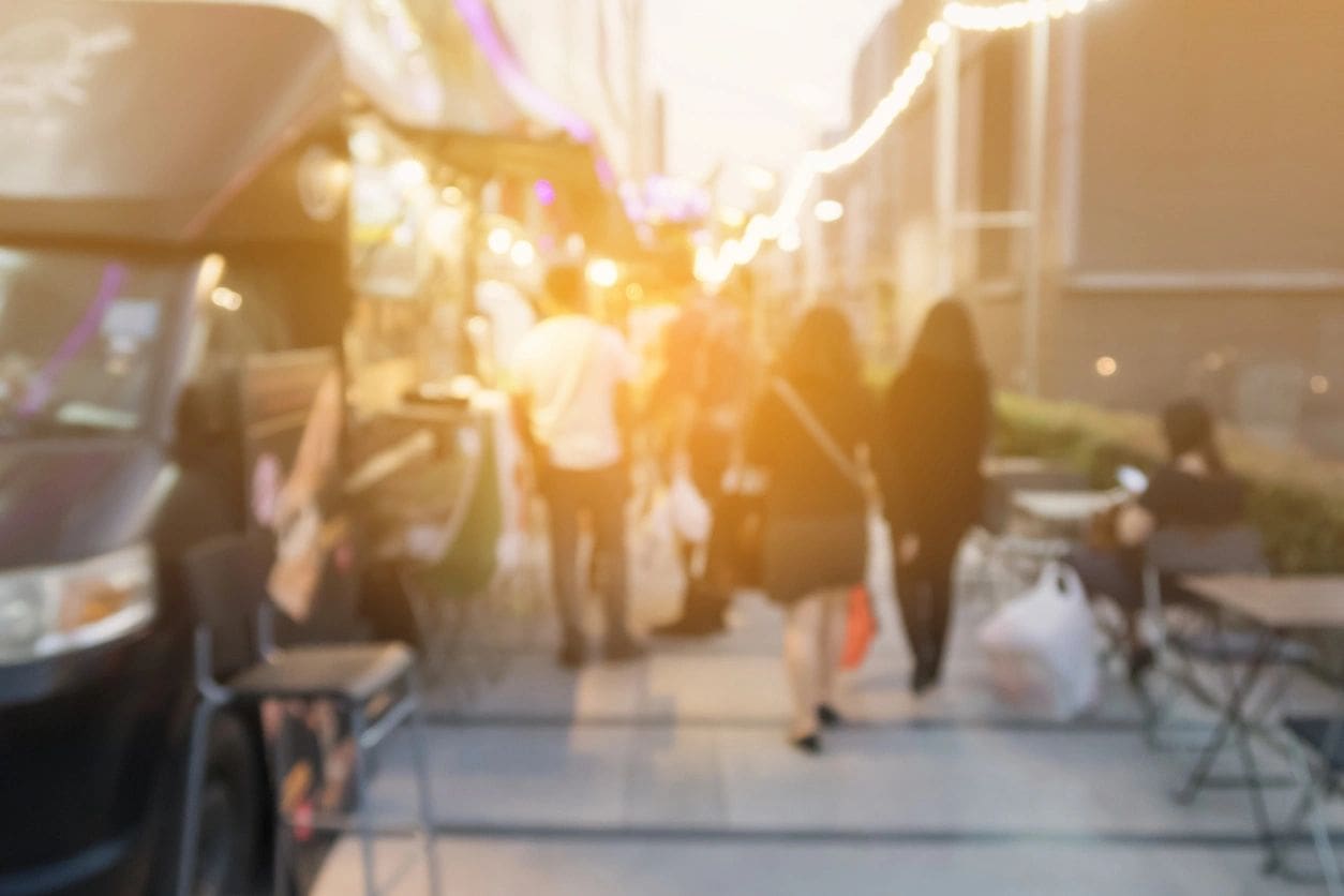 A blurry image of people walking down the street.